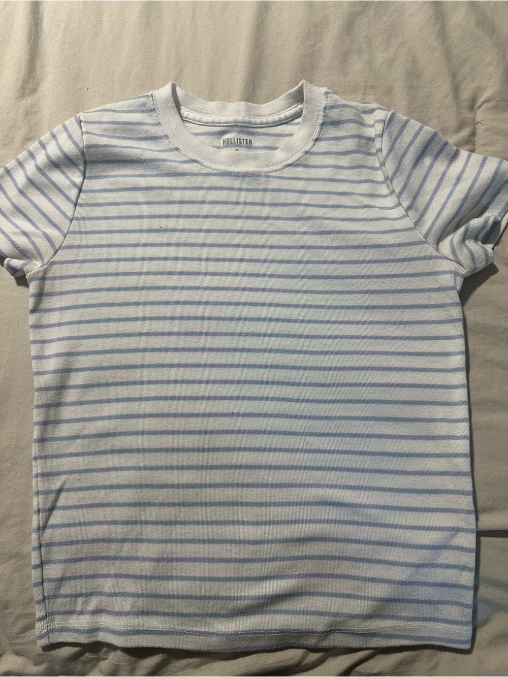 Hollister White Tee with Light Blue Stripes - Crewneck Short Sleeve